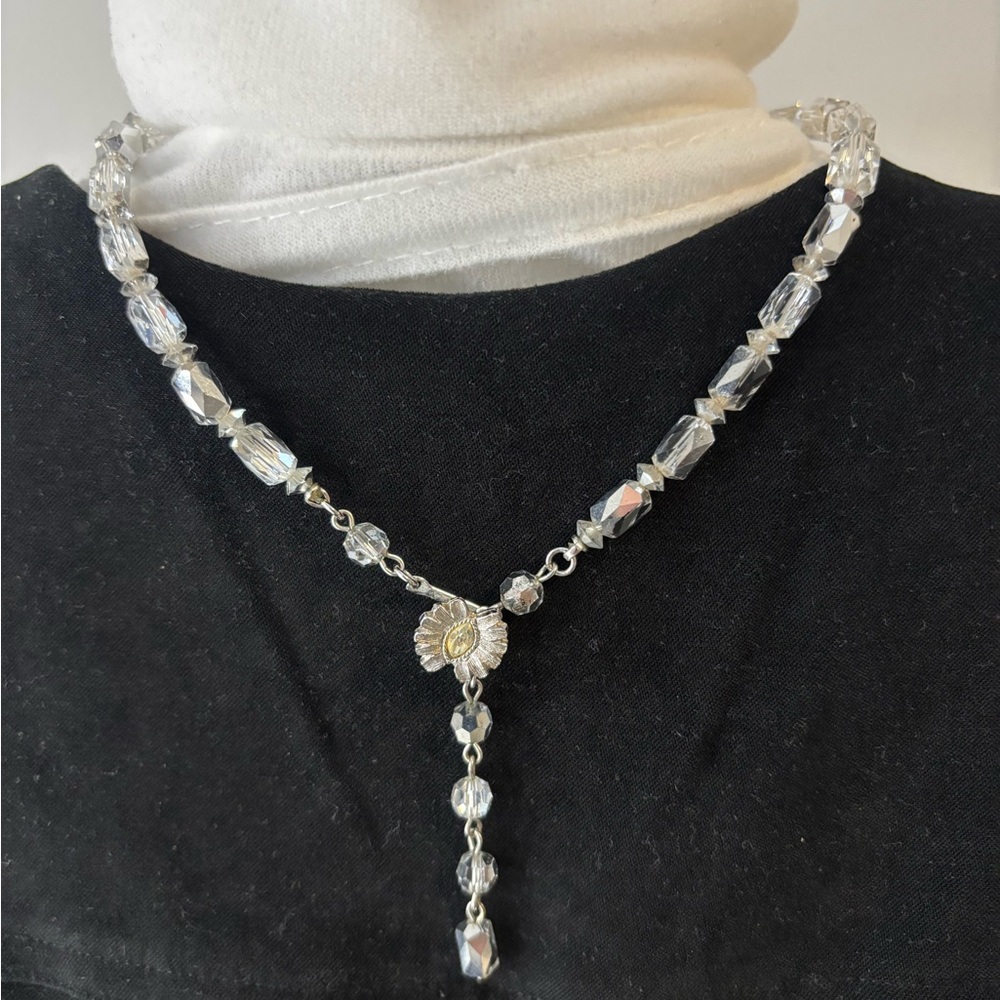 Vintage Silver Tone Glass Crystal Y Drop Necklace Front Flower Clasp 16"